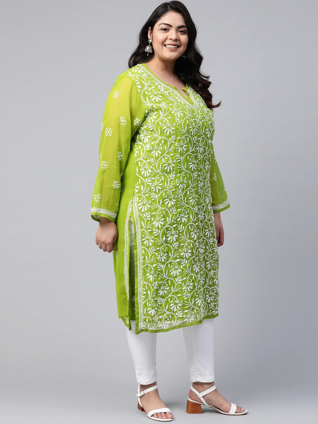 Ada Hand Embroidered Olive Green Georgette Lucknow Chikankari Straight Kurta with Slip A90406