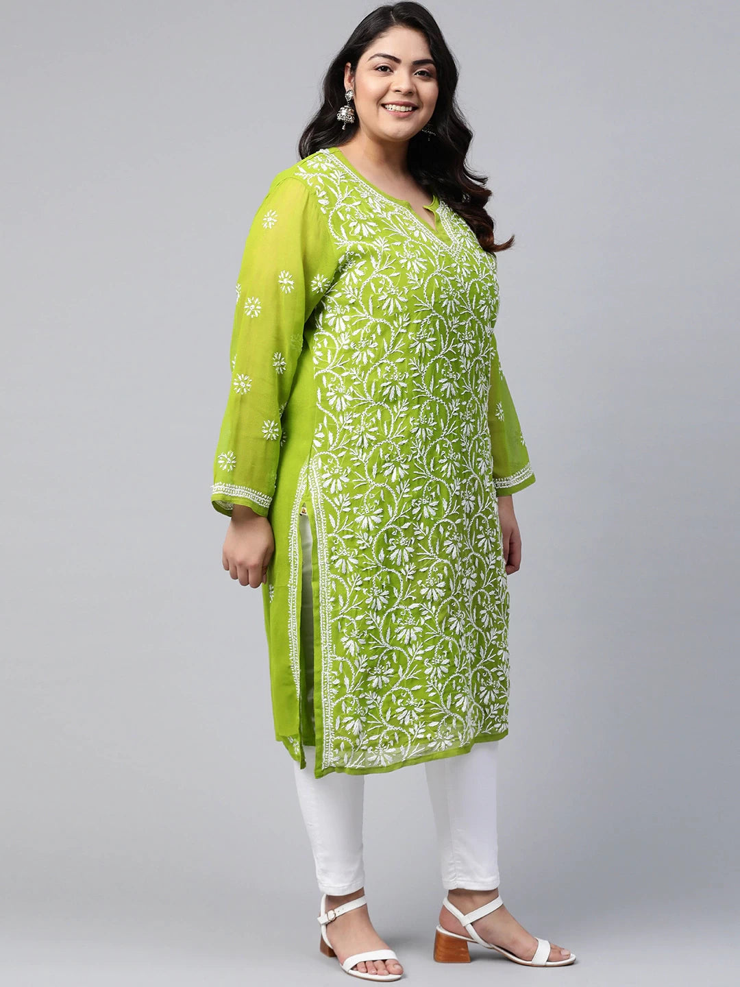 Ada Hand Embroidered Olive Green Georgette Lucknow Chikankari Straight Kurta with Slip A90406