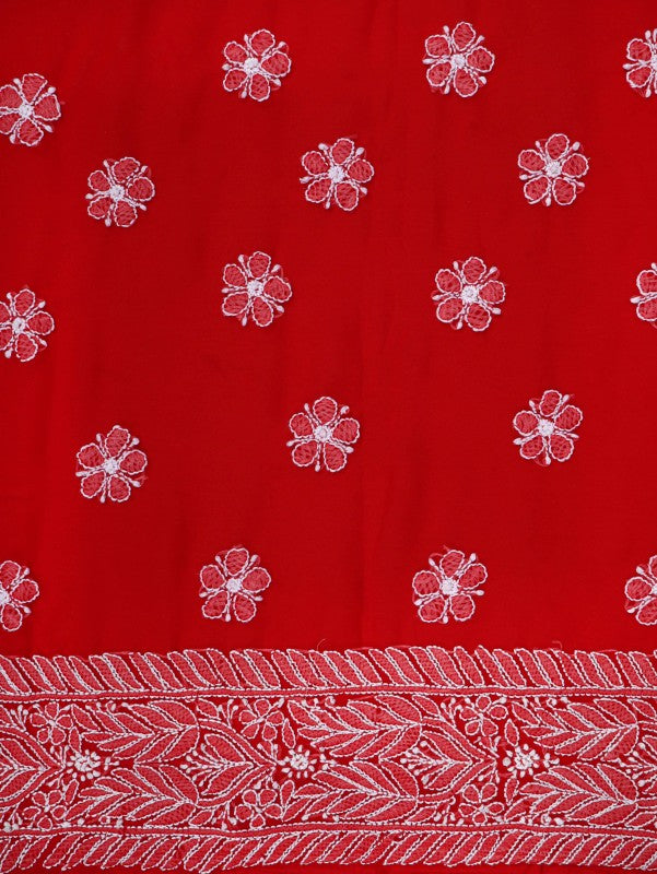 Ada Hand Embroidered Red Georgette Lucknowi Chikan Unstitched Suit Piece A491155