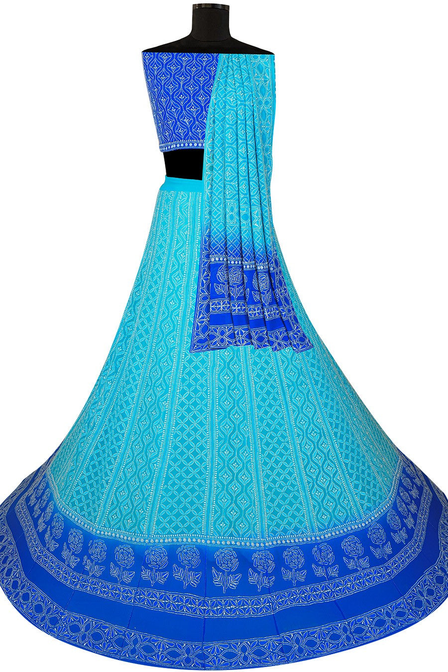 Ada Hand Embroidered Blue Shaded Pure Georgette Lucknowi Chikankari Lehenga Set A613180