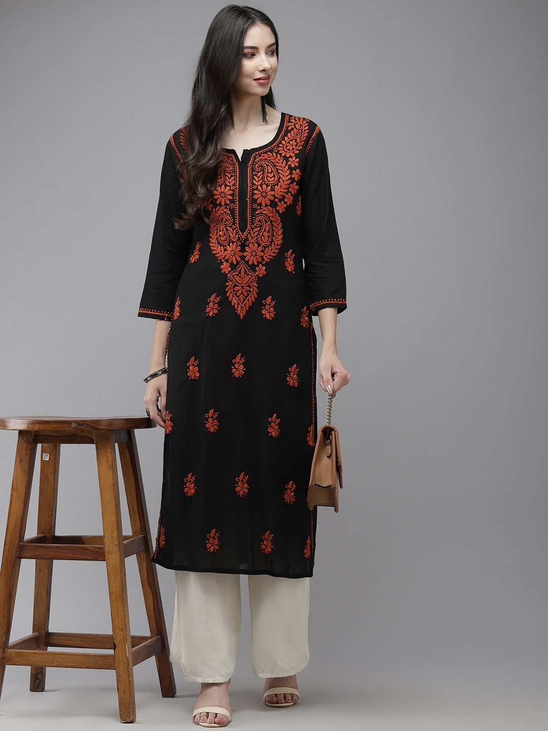 Ada Hand Embroidered Black Cotton Lucknowi Chikankari Straight Kurta A411277