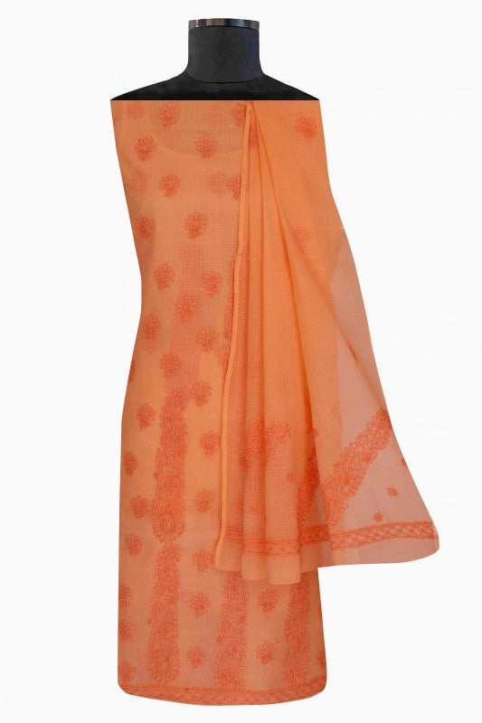 Ada Hand Embroidered Salmon Peach Kota Lucknowi Chikan Unstitched Kurta Dupatta Set-A596893