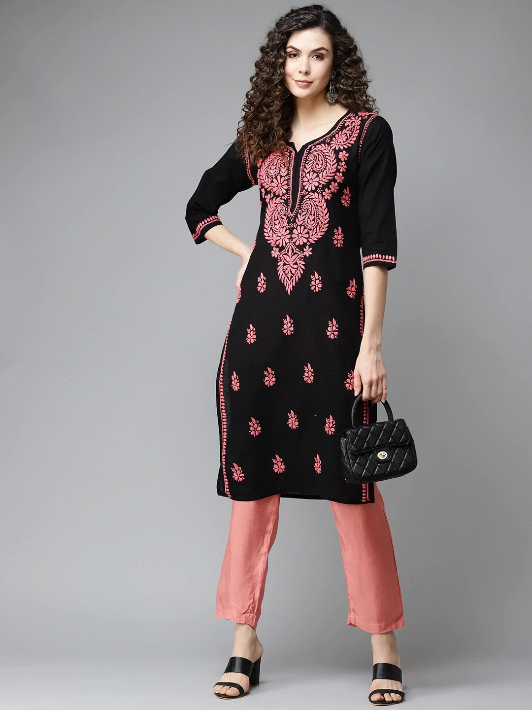 Ada Hand Embroidered Black Cotton Lucknowi Chikankari Straight Kurta A411193
