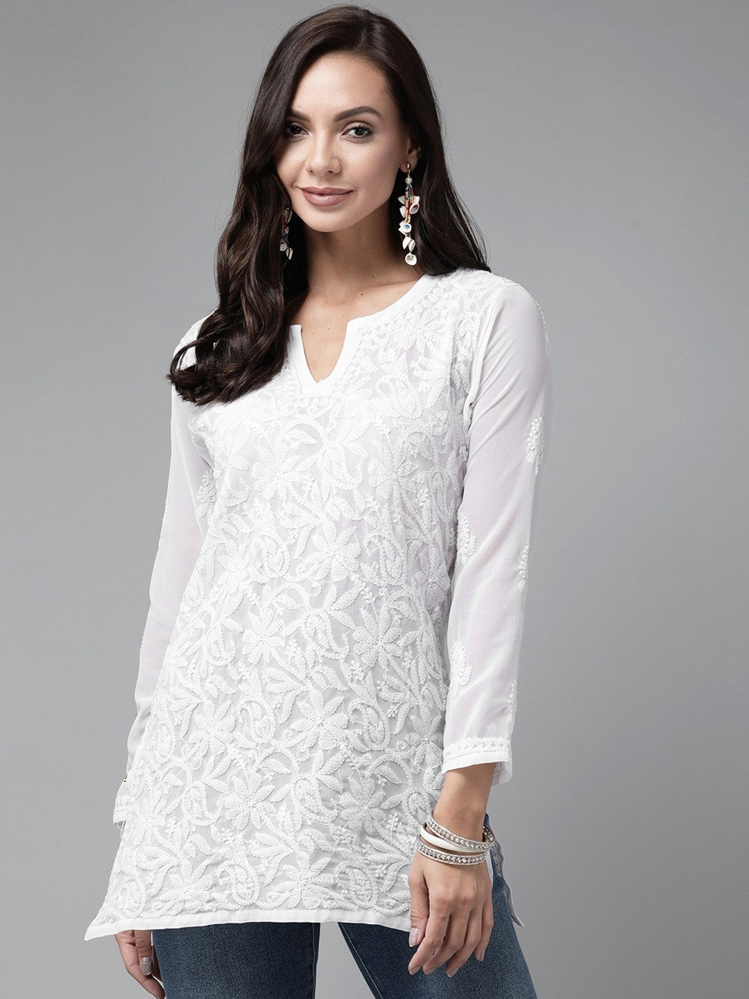 Ada Hand Embroidered White Georgette Lucknowi Chikankari Straight Kurti A911234