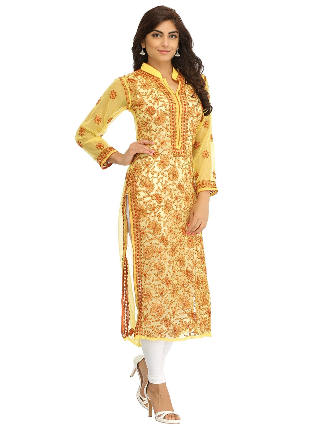 Ada Hand Embroidered Yellow Georgette Lucknowi Chikan Kurta with Slip A224022