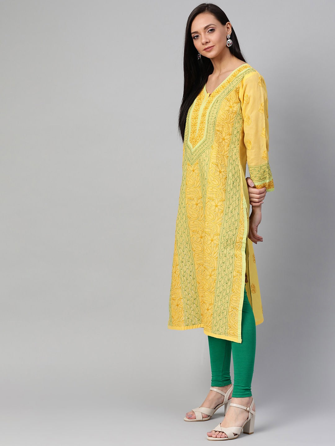 Ada Hand Embroidered Yellow Cotton Lucknow Chikan Straight Kurta- A272591