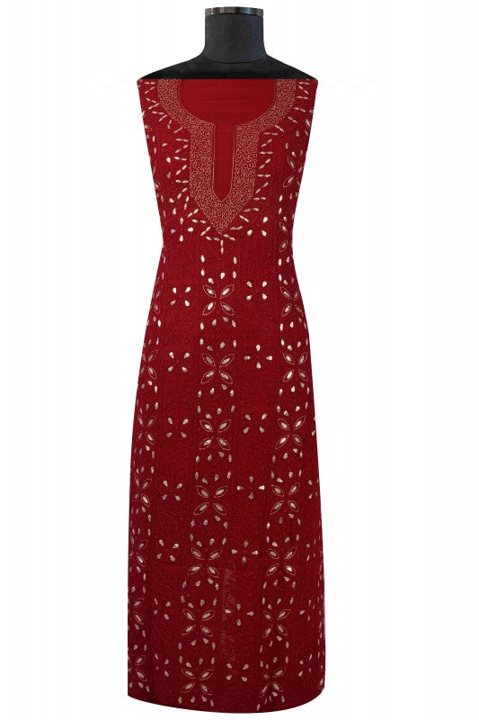 Ada Hand Embroidered Maroon Georgette Lucknowi Chikan Unstitched Kurta Piece With Gota Patti Work A330482