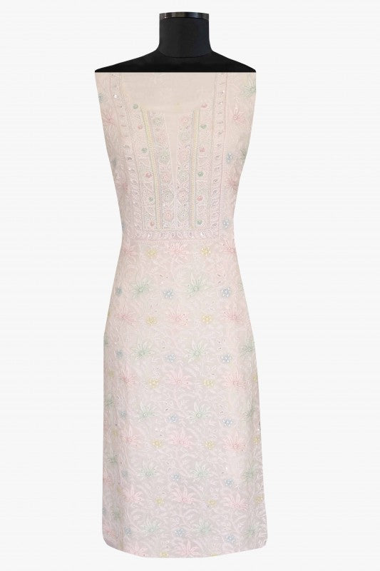 Ada Hand Embroidered White Pure Georgette Lucknowi Chikan Unstitched Kurta Dupatta Set with Pearl & Sequinned Work A466173