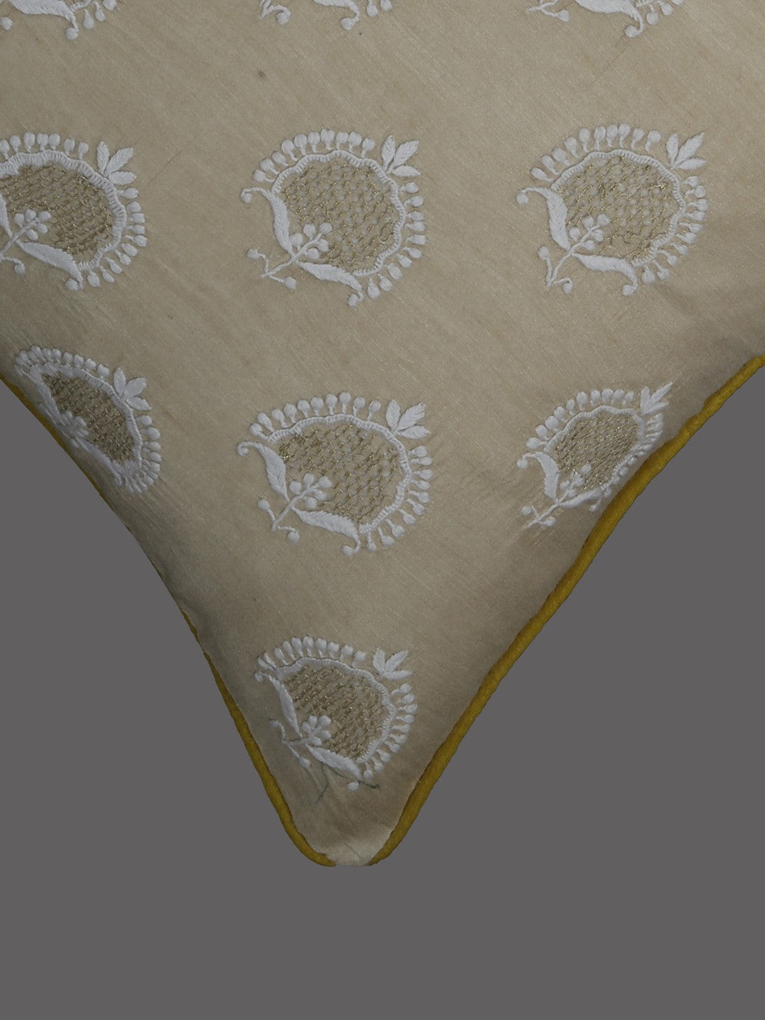 Ada Hand Embroidered Fawn Tusser Silk Lucknow Chikankari Cushion Cover- A507399