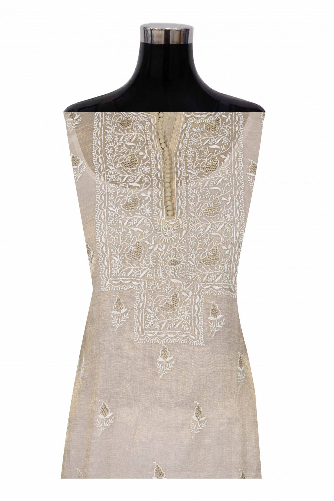 Ada Hand Embroidered Natural Fawn Tissue Lucknowi Chikankari Semi stitched Anarkali Kurta Dupatta Set With Zari Work 01A224436