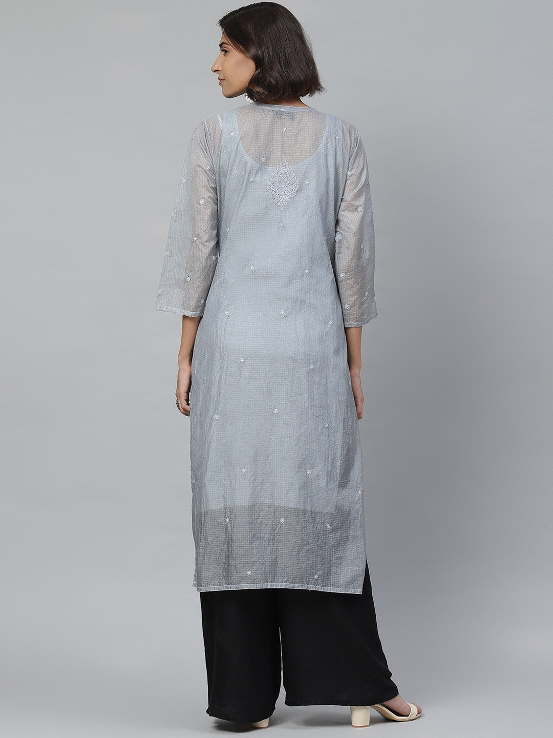 Ada Hand Embroidered Grey Kota Lucknowi Chikan Straight Kurta/Slip with Muqaish Work A411125