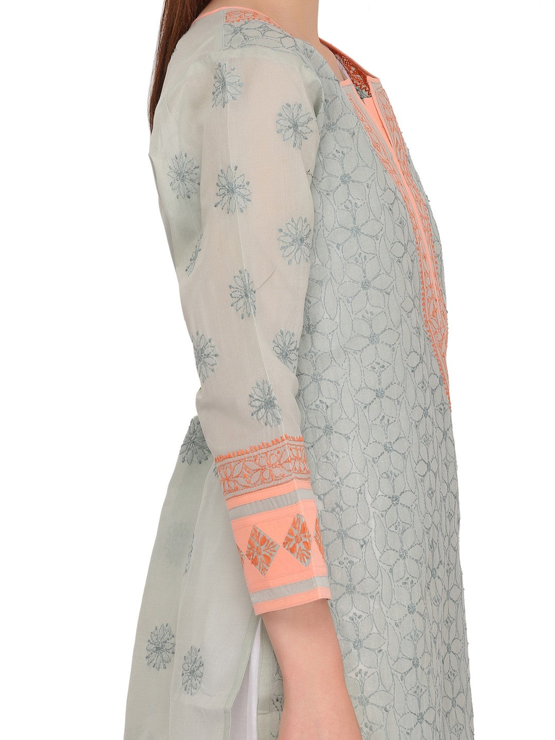 Ada Hand Embroidered Grey Cotton Lucknow Chikan Straight Kurta- A273530