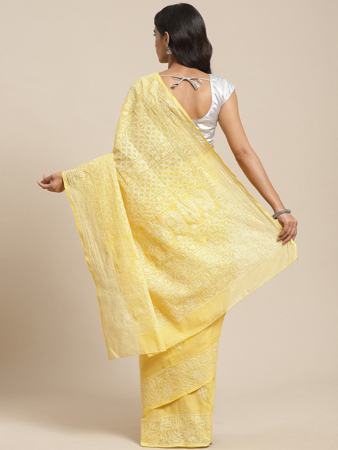 Ada Hand Embroidered Yellow Kota Lucknow Chikan Saree With Blouse- A311114