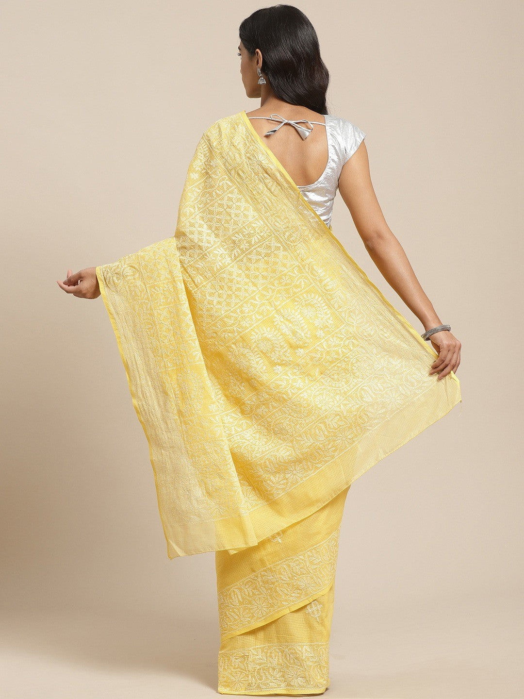Ada Hand Embroidered Yellow Kota Lucknow Chikan Saree With Blouse- A311114