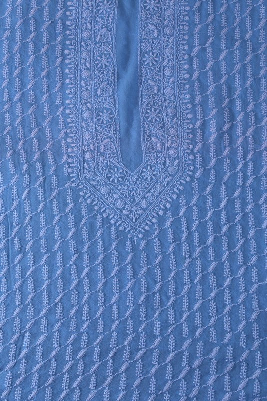 Ada Hand Embroidered Cyan Blue Pure Georgette Lucknow Chikankari Men's Kurta Piece-A111679
