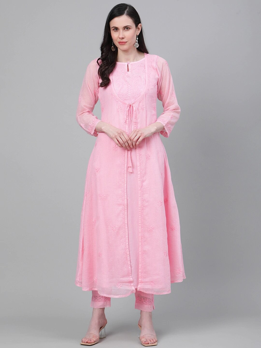 Ada Hand Embroidered Pink Kota Lucknow Chikankari Kurta with Trouser Set A811144