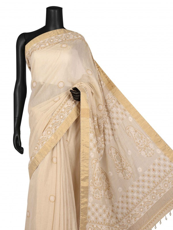 Ada Hand Embroidered Natural Fawn Tissue Lucknowi Chikankari Saree/Blouse With Zari Work A606168