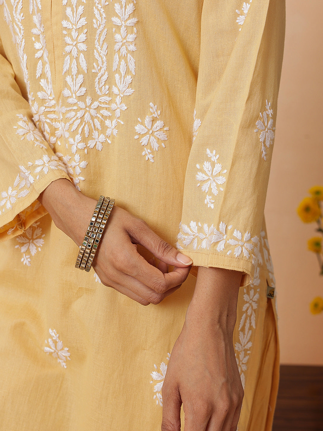 Ada Hand Embroidered Fawn Linen Lucknowi Chikankari Co-Ord Set A811386