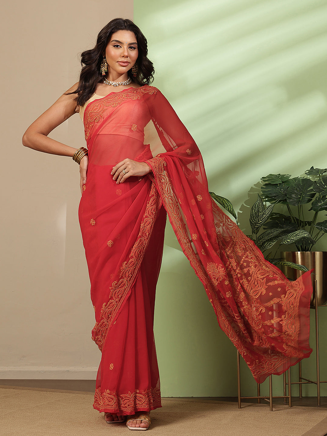 Ada Hand Embroidered Red Georgette Lucknowi Chikankari Saree With Blouse A311193