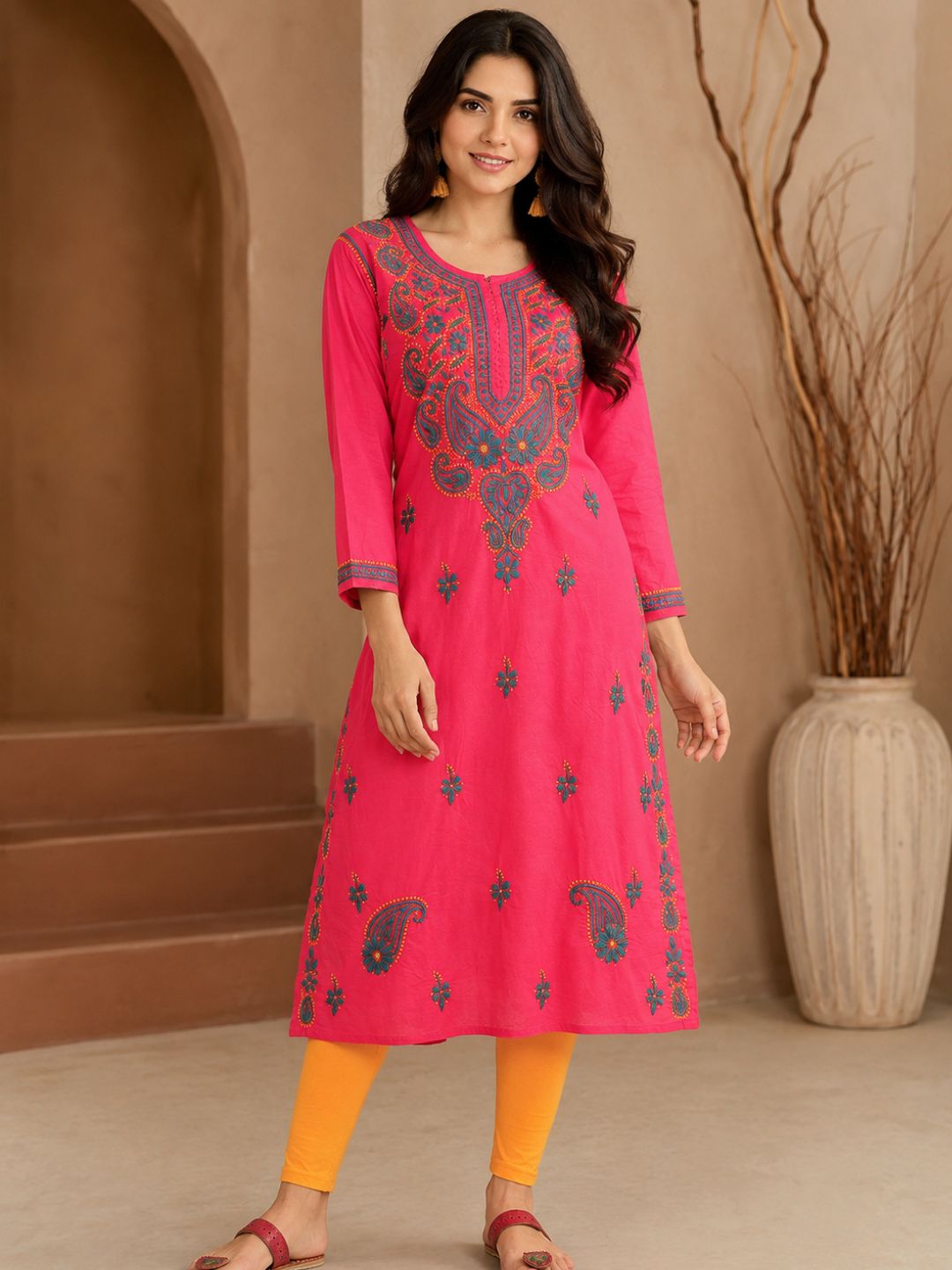 Ada Hand Embroidered Carrot Pink Cotton Lucknowi Chikankari Straight  Kurta A223764