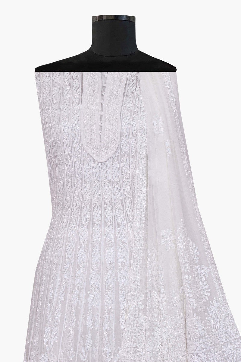 Ada Hand Embroidered White Net Chikan Semi-Stitched Anarkali Kurta Dupatta Set With Pearl Work A476419