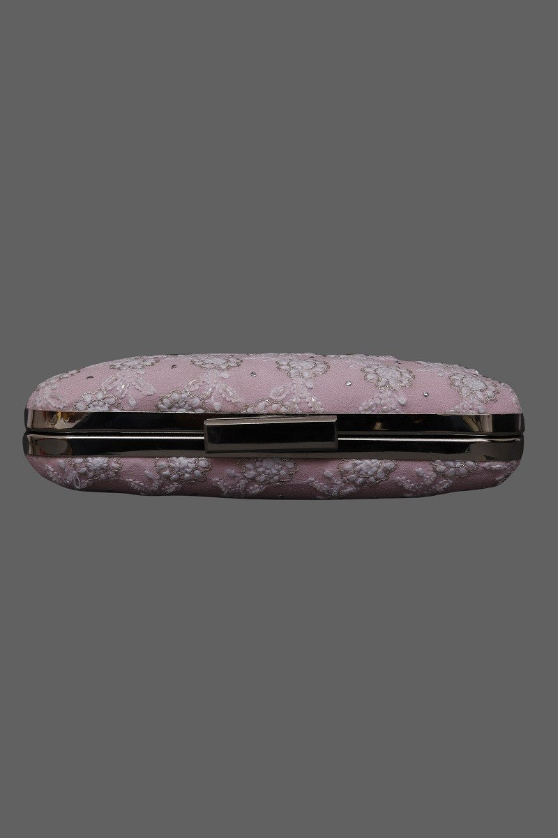 Ada Hand Embroidered Pink Pure Georgette Lucknow Chikankari Clutch With Muqaish Work- A606019