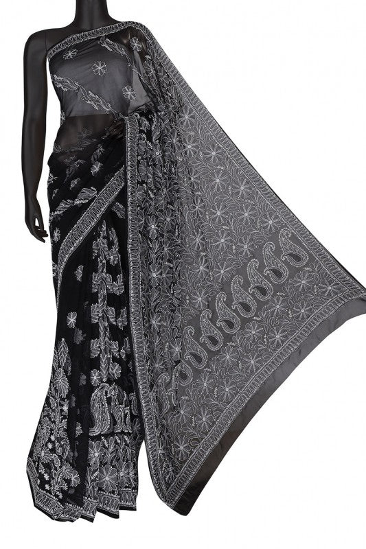 Ada Hand Embroidered Black Georgette Lucknowi Chikankari Saree With Blouse- A621552