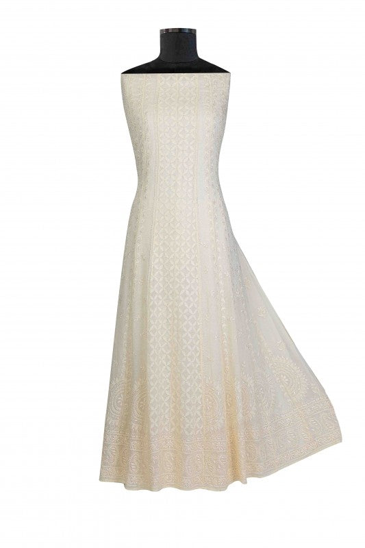 Ada Hand Embroidered Cream Net Semi-stitched Anarkali Kurta Dupatta-A628790