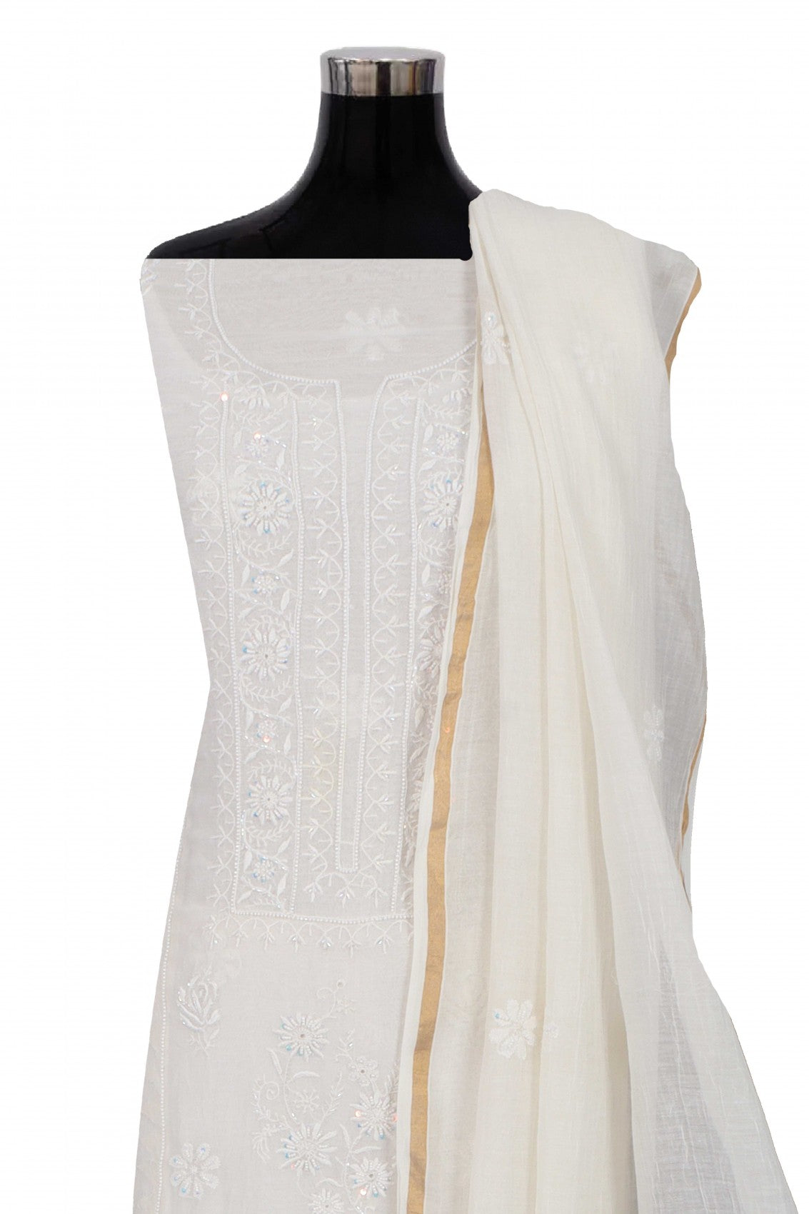 Ada Hand Embroidered Off White Chanderi Lucknowi Chikankari Unstitched Kurta Dupatta Set With Cutdana Work 01A260035