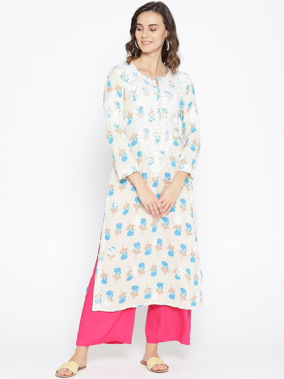 Ada Hand Embroidered Fawn Blue Cotton Lucknowi Chikankari Straight Kurta- A100036