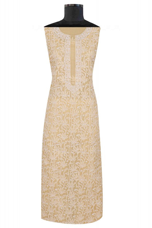 Ada Hand Embroidered Beige Kota Lucknowi Chikankari Unstitched Kurta Dupatta Set 01A160500