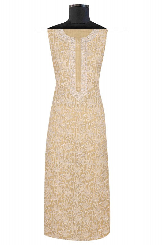 Ada Hand Embroidered Beige Kota Lucknowi Chikankari Unstitched Kurta Dupatta Set 01A160500