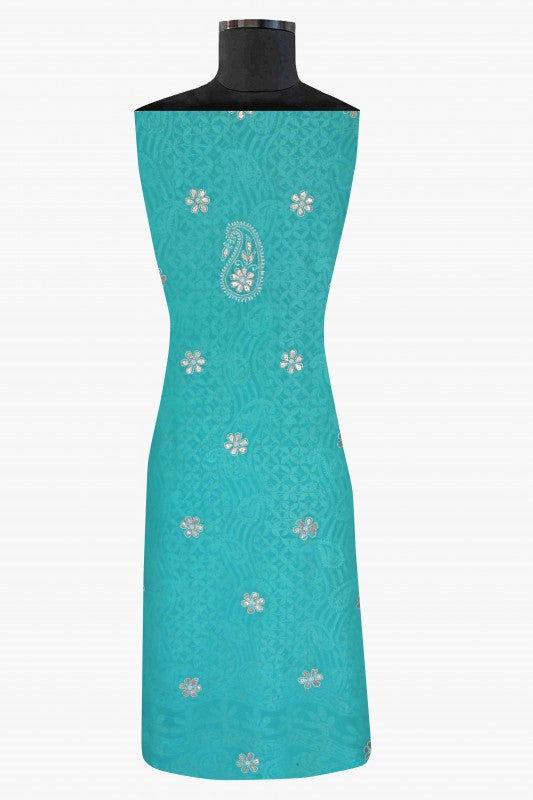 Ada Hand Embroidered Rama Green Georgette Lucknowi Chikan Unstitched Kurta Dupatta Set With Gota Patti Work A443924