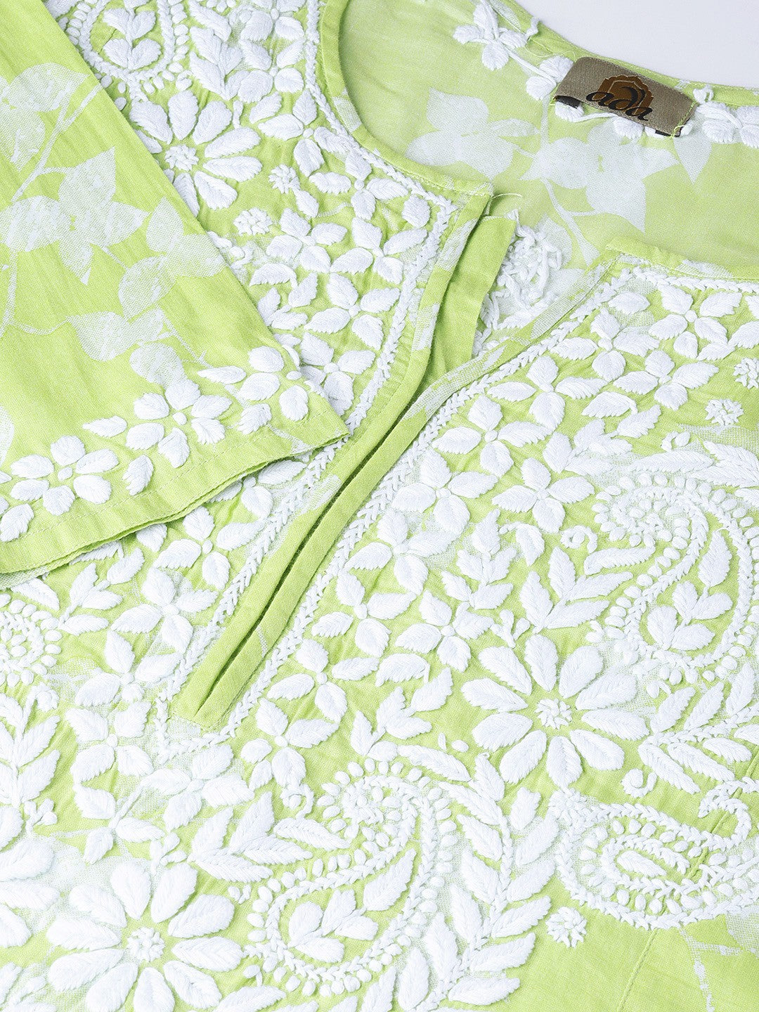 Ada Hand Embroidered Green Cotton Lucknowi Chikankari Straight Kurta A100113