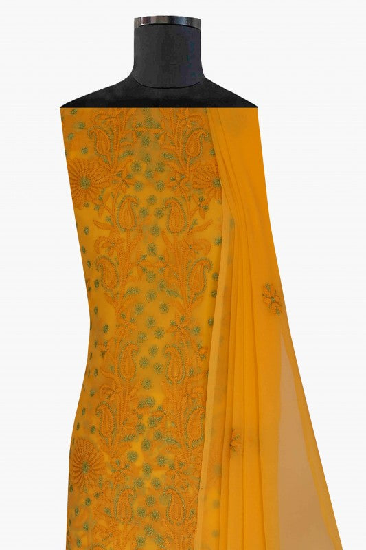 Ada Hand Embroidered Mustard Georgette Lucknowi Chikan Unstitched Suit Piece-A211181