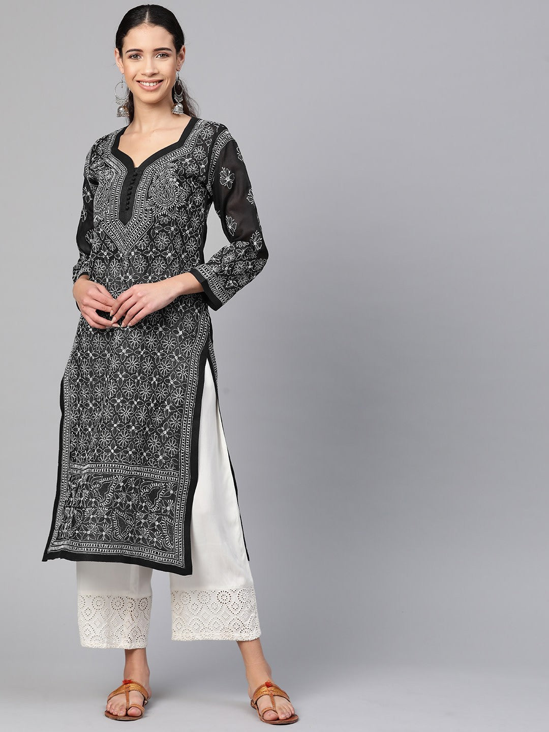 Ada Hand Embroidered Black Cotton Lucknow Chikankari straight Kurta A100380