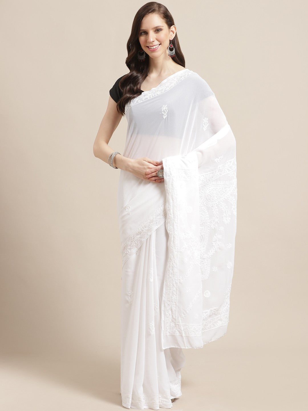 Ada Hand Embroidered White Georgette Lucknow Chikan Saree with Blouse A191787