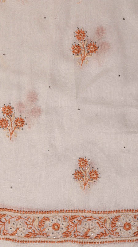 Ada Hand Embroidered White Chanderi Lucknowi Chikan Unstitched Kurta Dupatta Set With Muqaish Work A350999