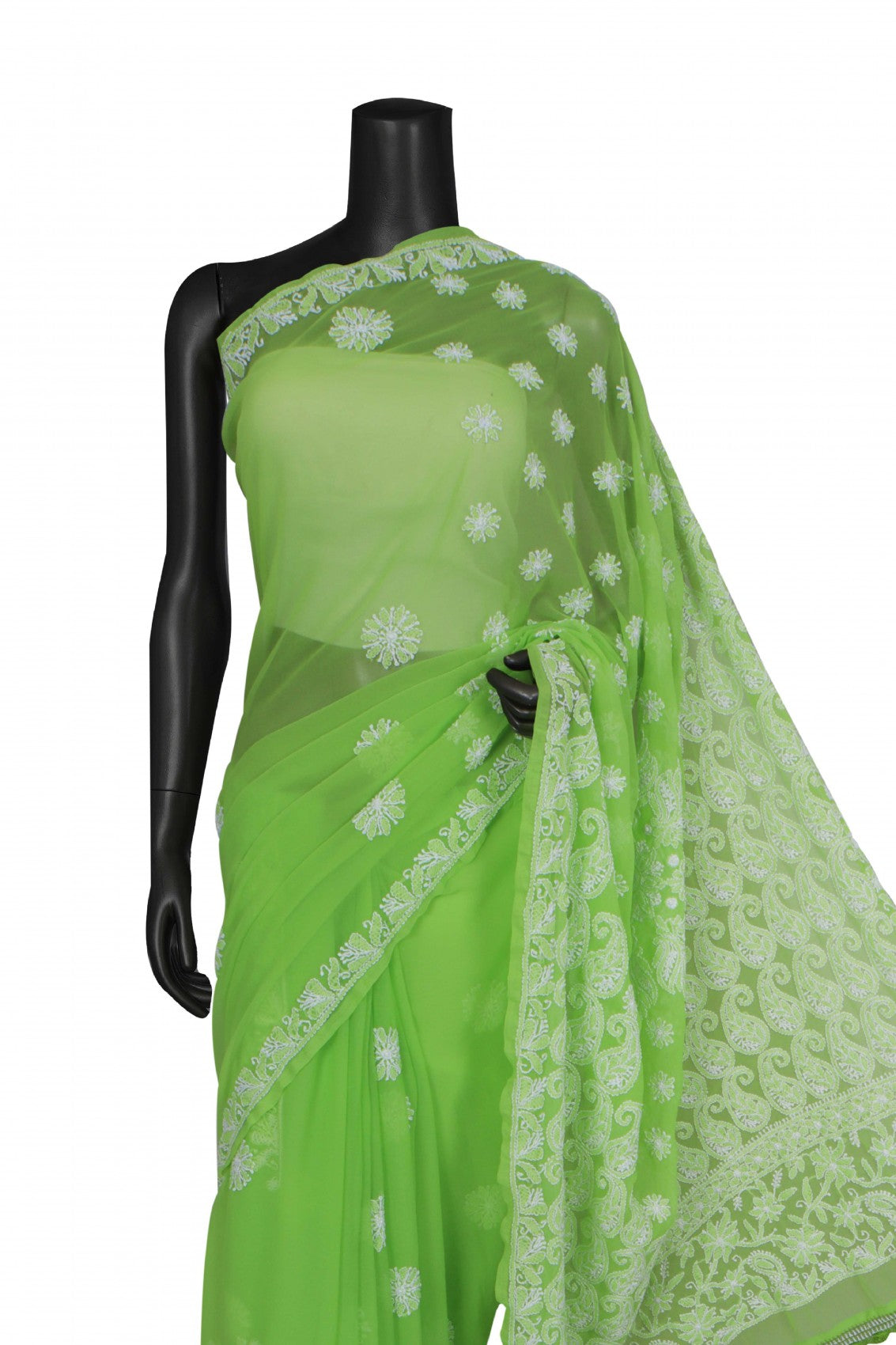 Ada Hand Embroidered Parrot Green Georgette Lucknowi Chikankari Saree With Blouse A599391