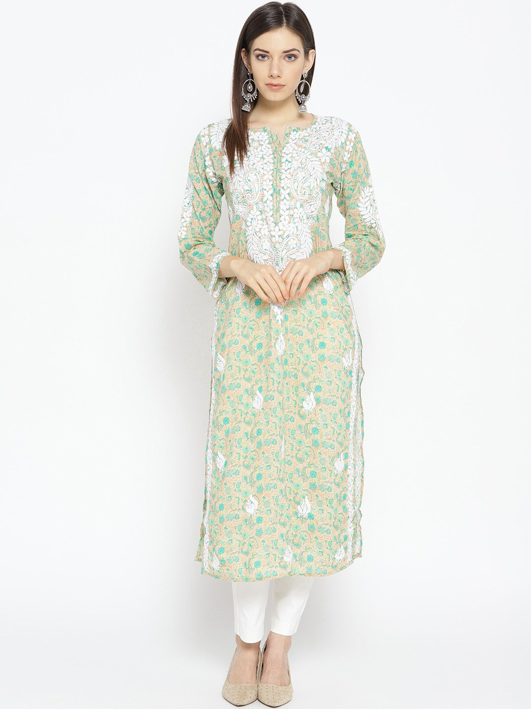 Ada Hand Embroidered Fawn Green Cotton Lucknowi Chikankari Straight Kurta- A100037