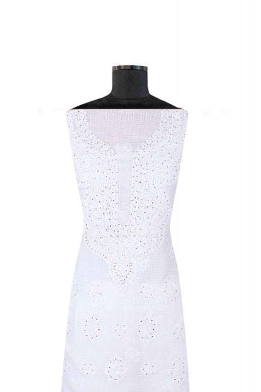 Ada Hand Embroidered White Kota Lucknowi Chikan Unstitched Kurta Piece With Muqaish Work A619161
