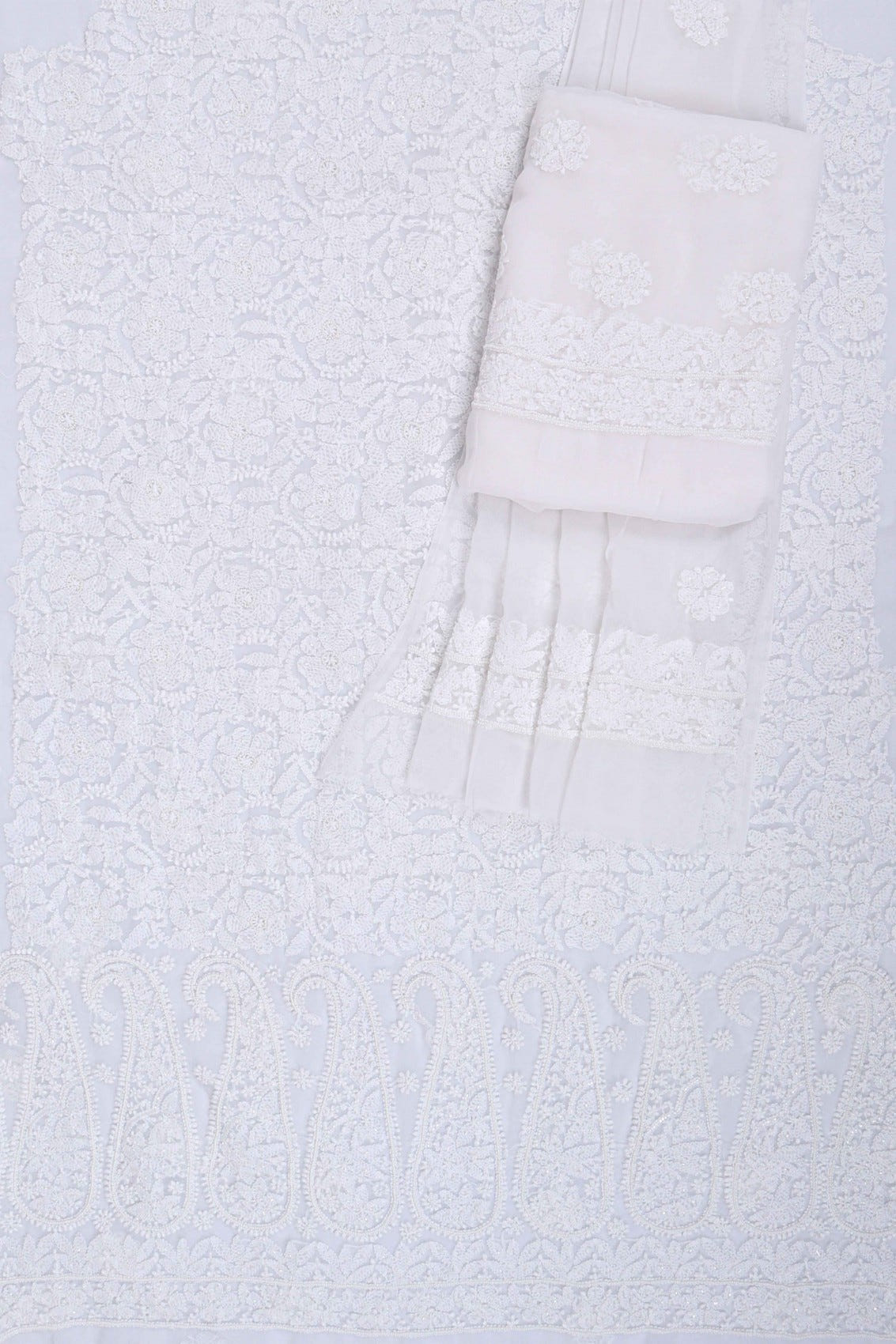 Ada Hand Embroidered White Georgette Lucknowi Chikankari Unstitched Suit Piece With Pearl Work 01A28076