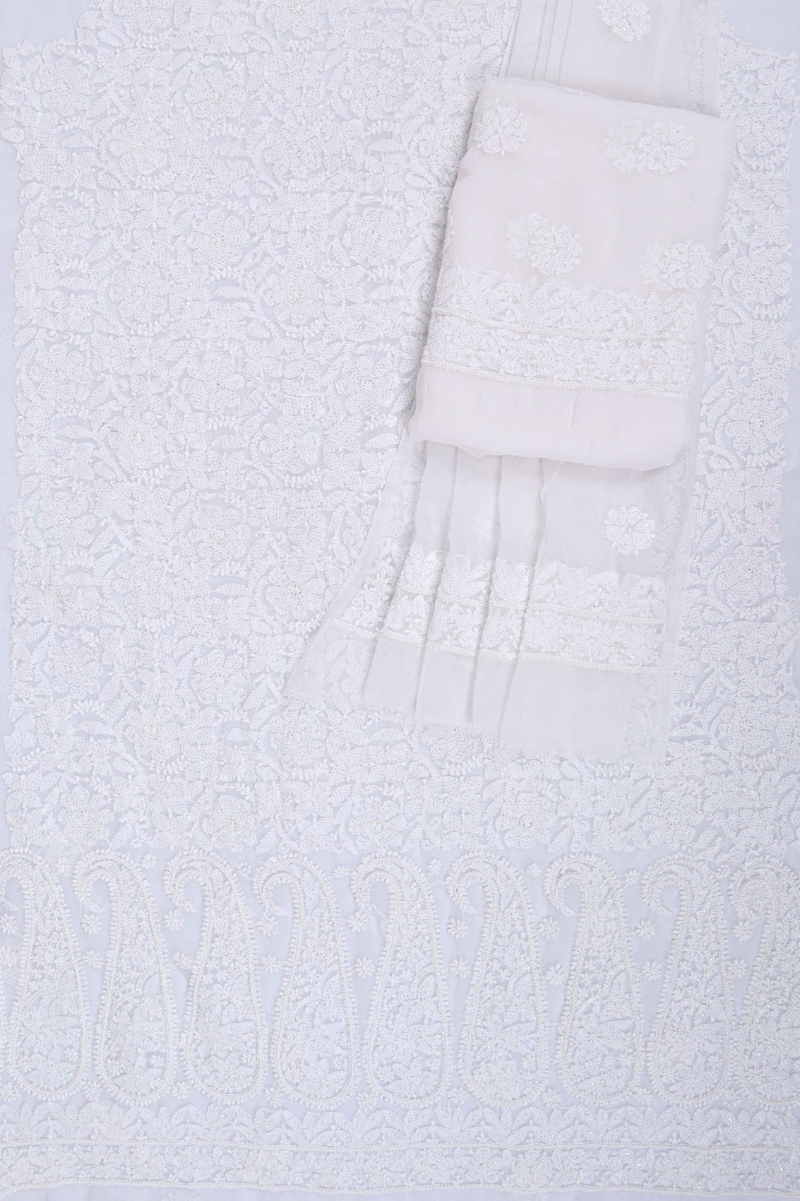 Ada Hand Embroidered White Georgette Lucknowi Chikankari Unstitched Suit Piece With Pearl Work 01A28076