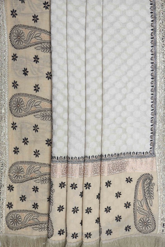 Ada Hand Embroidered Cream/Black Chanderi Lucknow Chikan Saree With Blouse- A51690