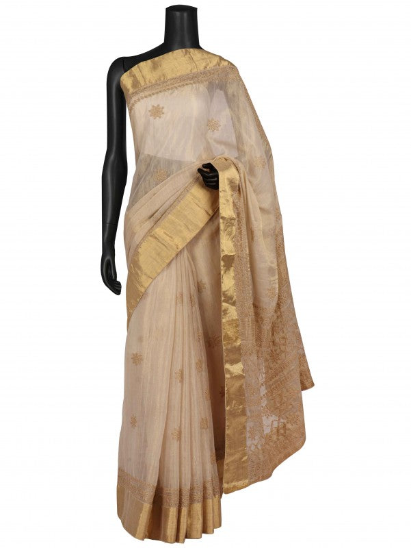 Ada Hand Embroidered Natural Fawn Tissue Lucknowi Chikankari Saree With Blouse A606169