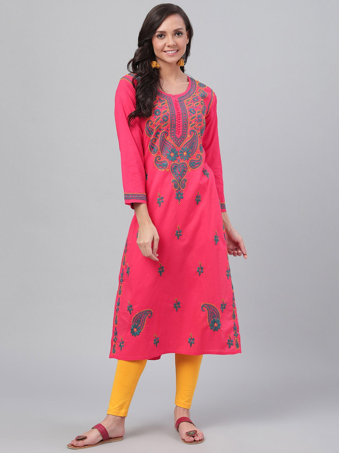Ada Hand Embroidered Carrot Pink Cotton Lucknowi Chikankari Straight  Kurta A223764