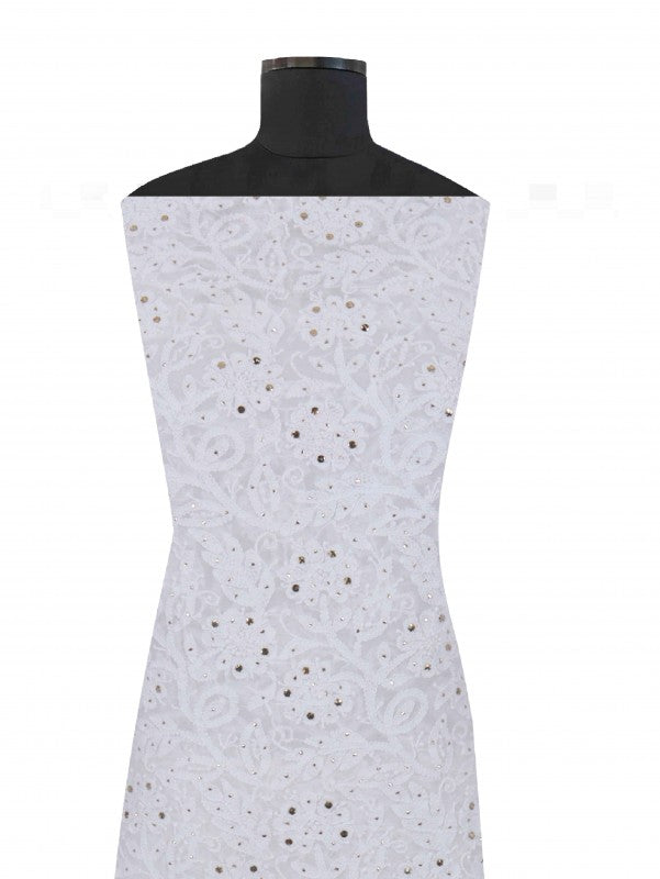 Ada Hand Embroidered White Georgette Lucknowi Chikankari Unstitched Kurta Dupatta Set with Muqaish Work  01A227531