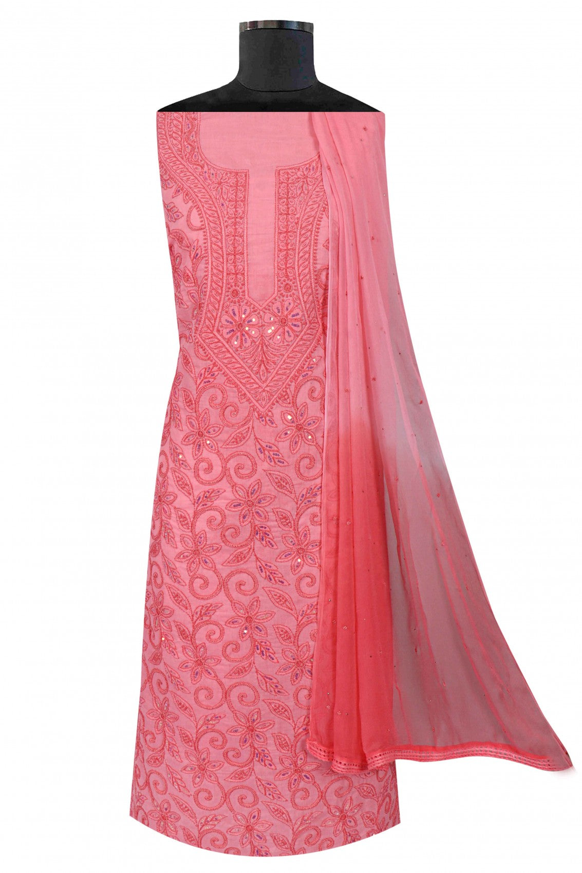 Ada Hand Embroidered Peach Cotton Lucknowi Chikankari Unstitched Suit Piece With Pearl Work 01A209952