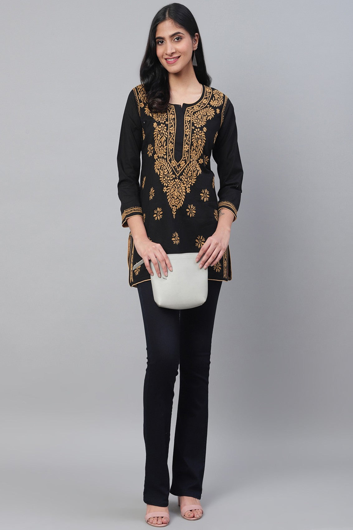 Ada Hand Embroidered Black Cotton Lucknowi Chikankari Straight Kurti A250295