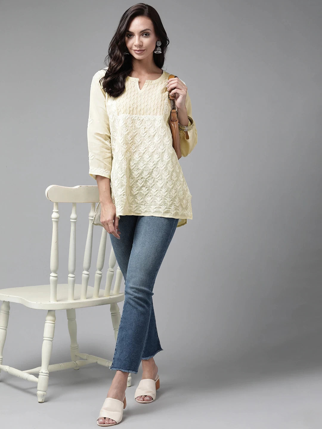 Ada Hand Embroidered Fawn Cotton Lucknowi Chikankari Short Kurti A911214